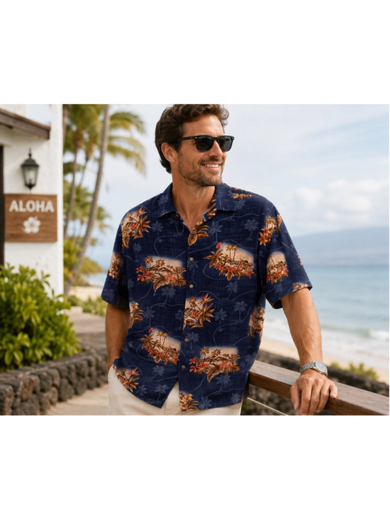 campia moda Other - Campia Moda Hawaiian Aloha Shirt Men’s Large Blue Tropical Palm Tree Floral Camp